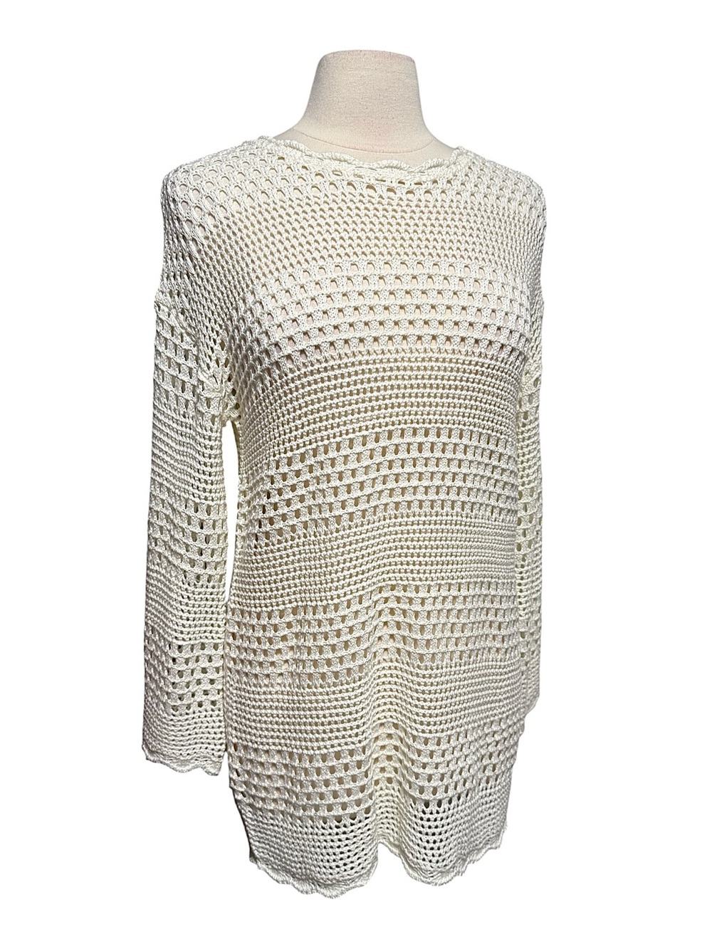 Anrabess Long Sleeve Crochet Knit Cover Up Cream Mini Beach Dress Small NWT